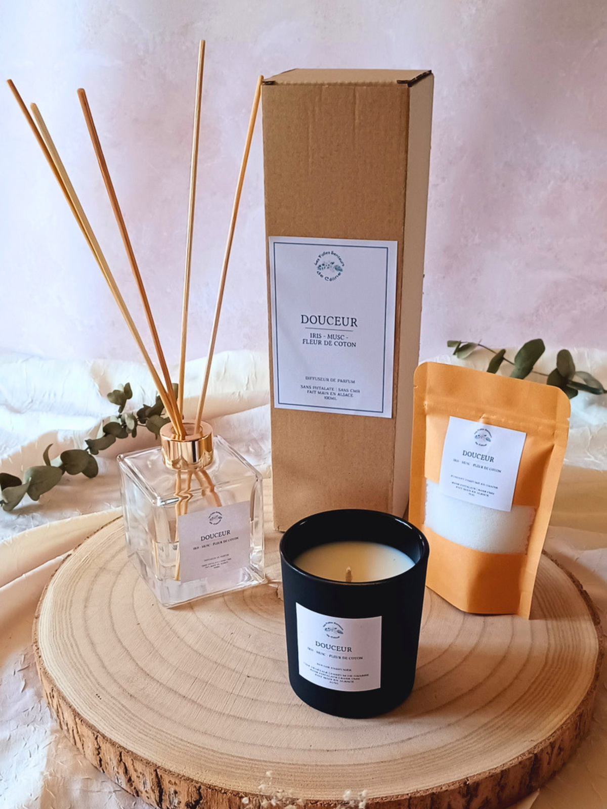 Gamme Douceur : bougie, fondant en grain et diffuseur de parfum à tiges