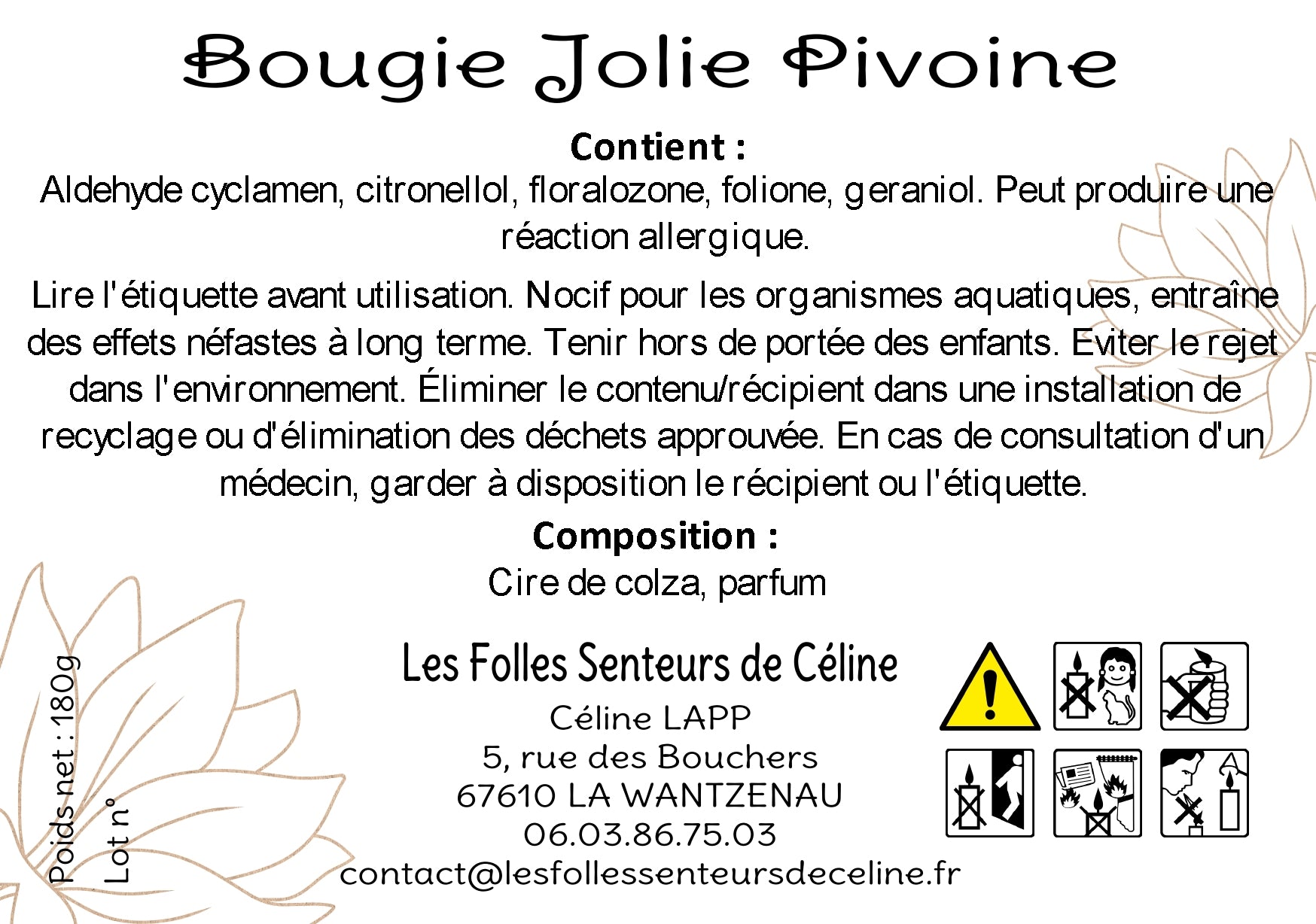 Etiquette CLP bougie Jolie Pivoine