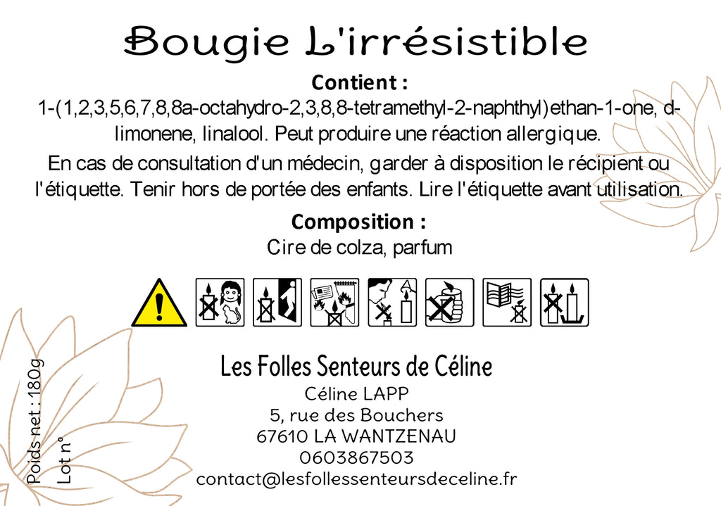 Étiquette CLP bougie L'Irrésistible