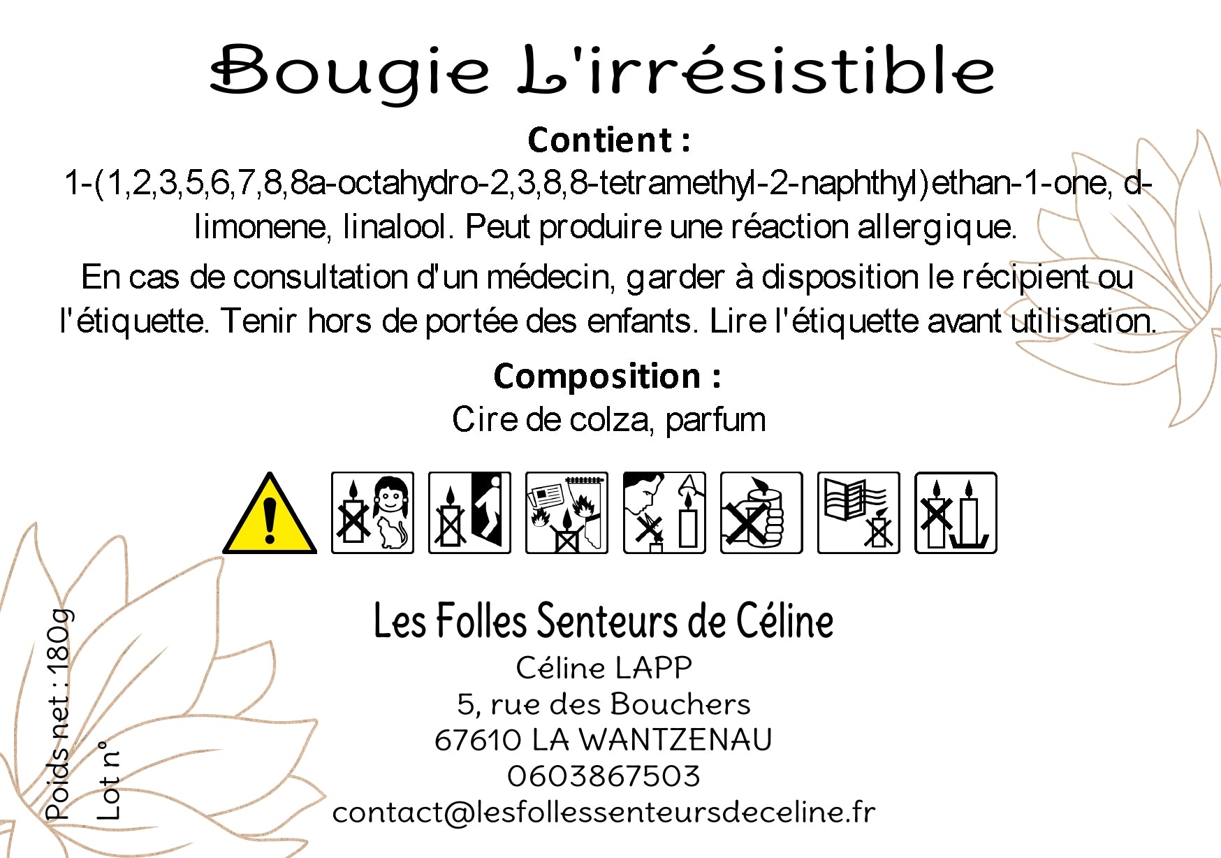 Étiquette CLP bougie L'Irrésistible