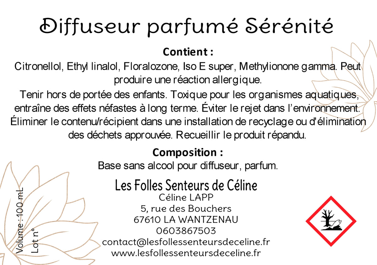 Étiquette CLP diffuseur de parfum Sérénité
