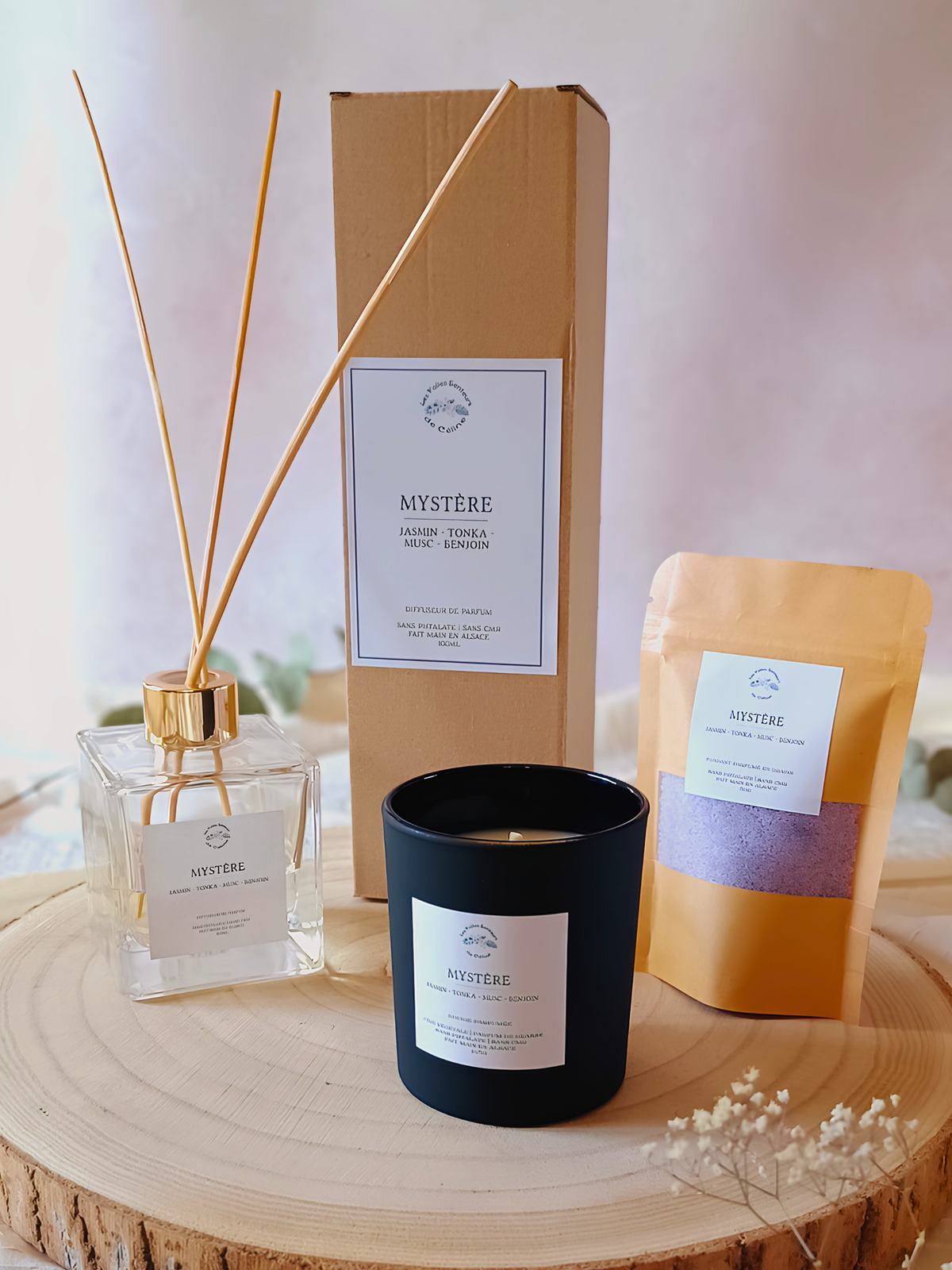 Gamme Mystère : bougie, fondant en grain et diffuseur de parfum à tiges