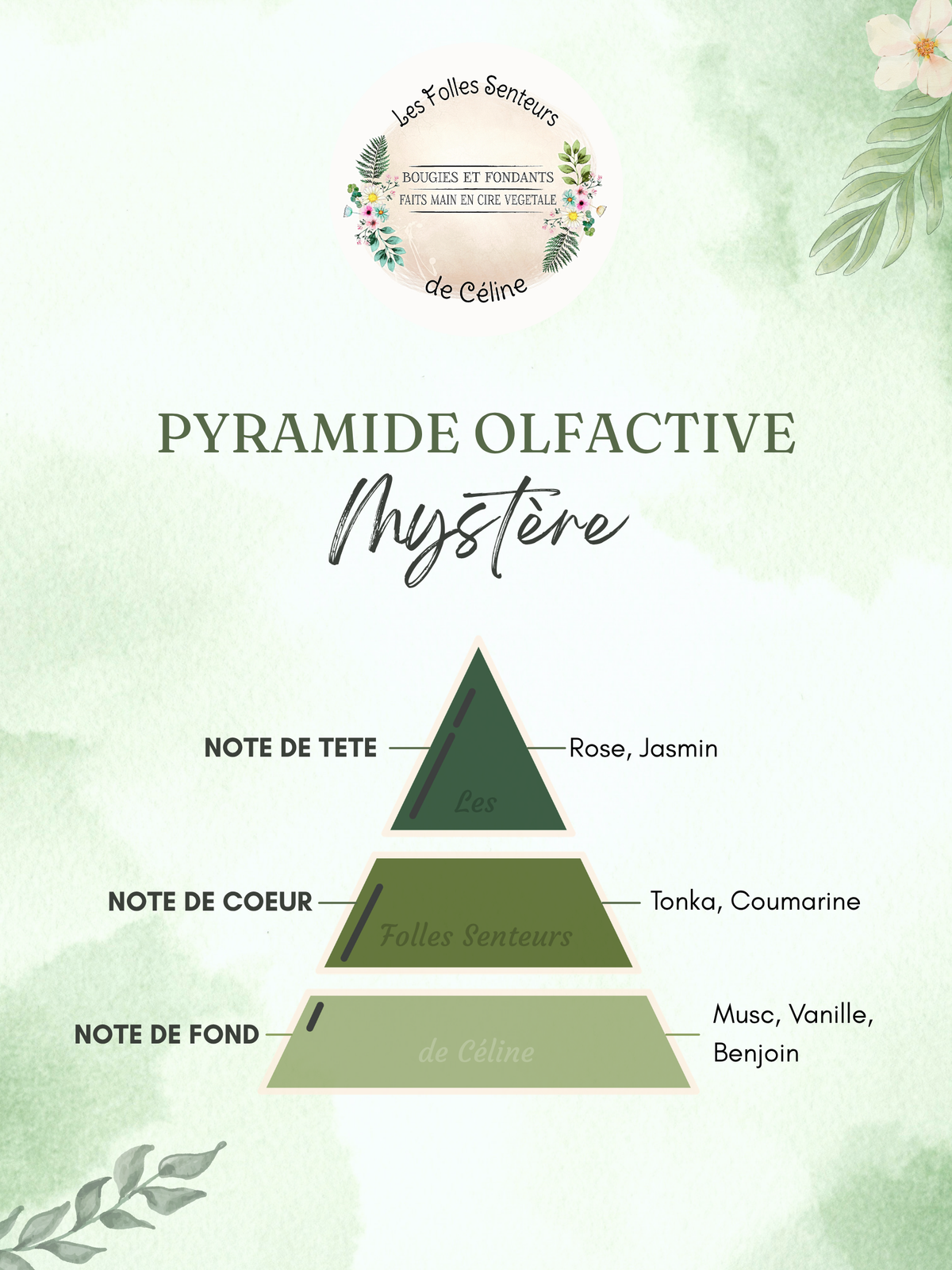 Pyramide olfactive parfum Mystère
Note de tête : rose, jasmin
Note de cœur : tonka, coumarine
Note de fond : musc, vanille, benjoin