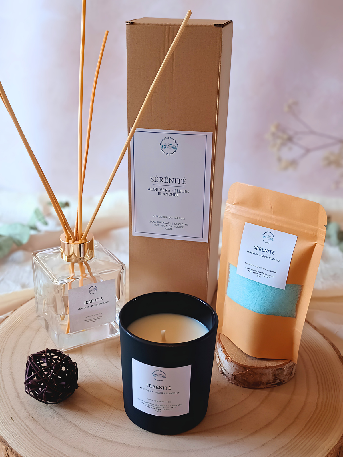 Gamme Sérénité : bougie, fondant en grain et diffuseur de parfum à tiges