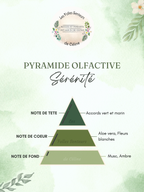 Pyramide olfactive parfum Sérénité
Note de tête : accords vert et marin
Note de cœur : aloé vera, fleurs blanches
Note de fond : musc, ambre