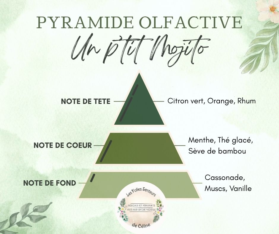 Pyramide olfactive parfum Un P'tit Mojito
Note de tête : citron vert, orange, rhum
Note de cœur : menthe, thé glacé, bambou
Note de fond : cassonade, musc, vanille